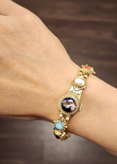 14k Yellow Gold Slide Charm Omega Gemstone Bracelet Watch