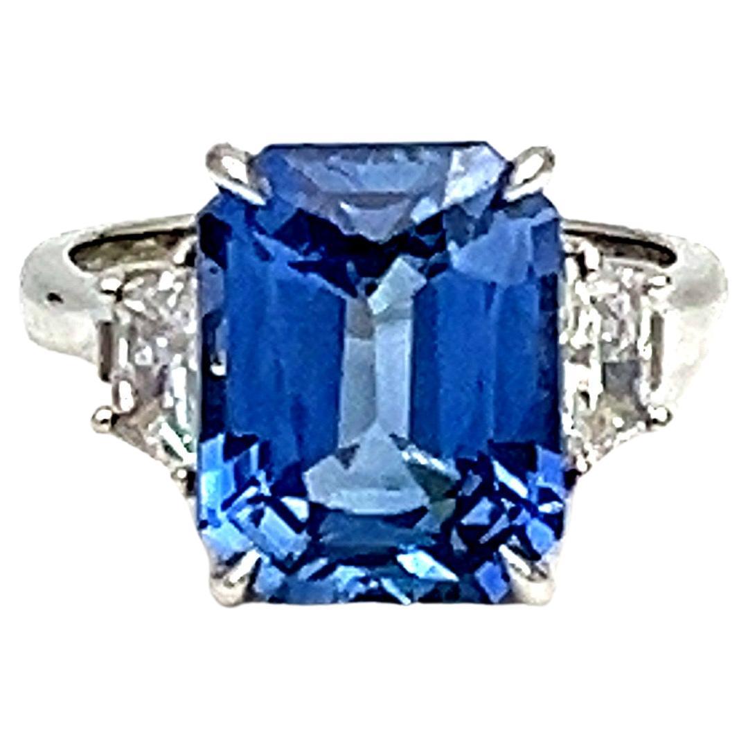 7.45 Carat Ceylon Emerald Cut Sapphire & Diamond Ring For Sale