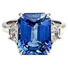 7.45 Carat Ceylon Emerald Cut Sapphire & Diamond Ring
