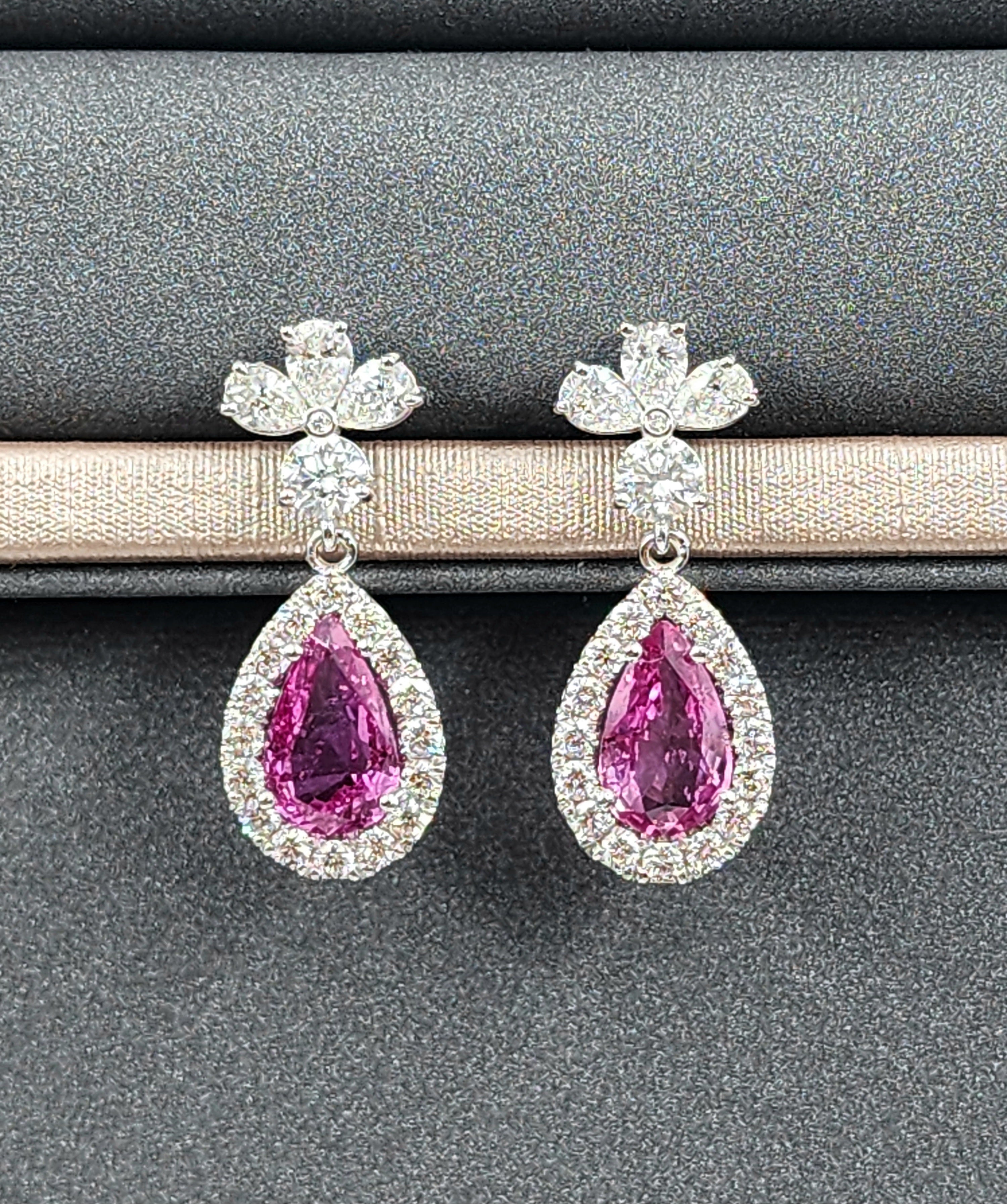 4.06 ct Natural Pink Sapphire & Diamond Earrings For Sale