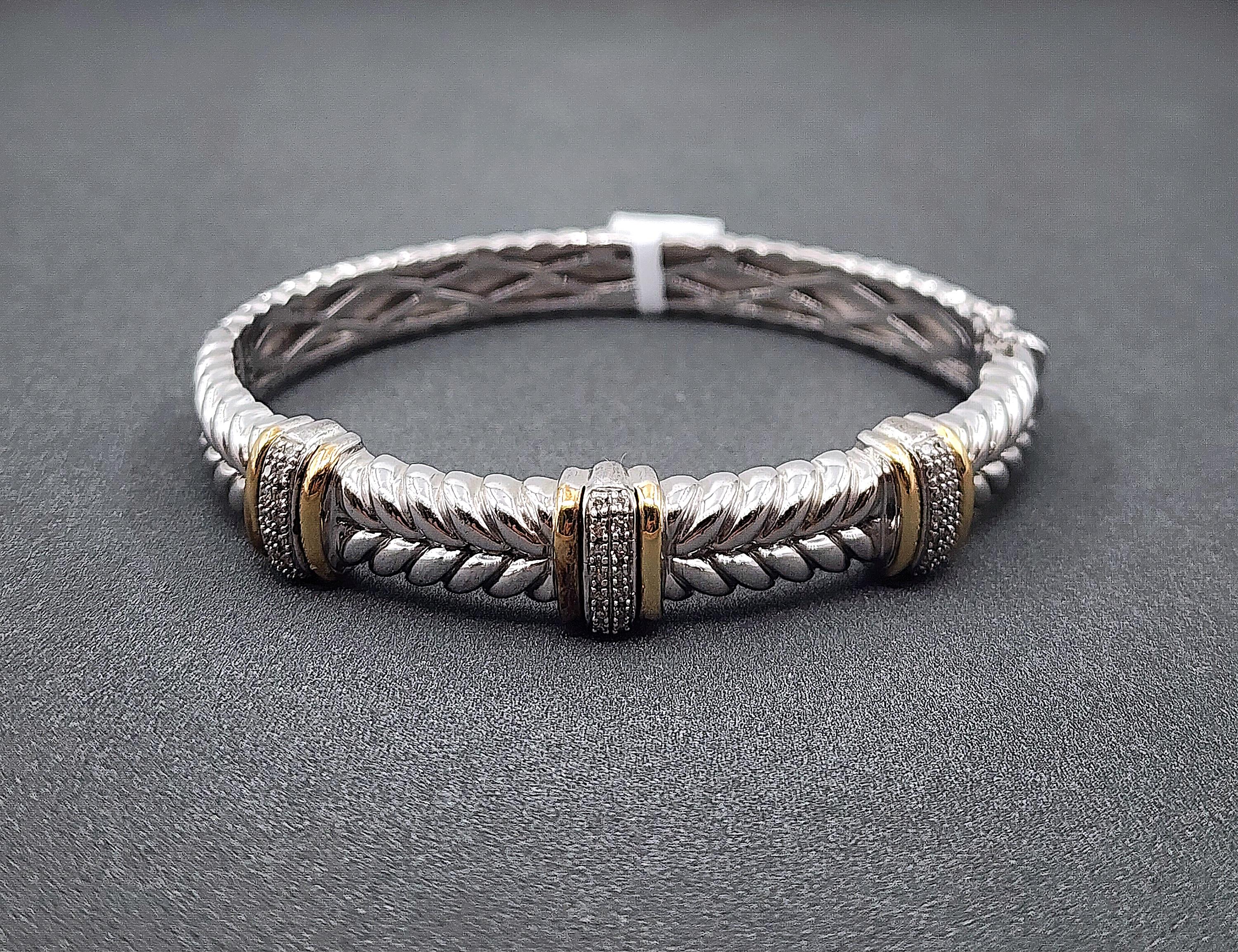 Alwand Vahan Sterling Silver 14k Gold Diamond Bangle Bracelet For Sale