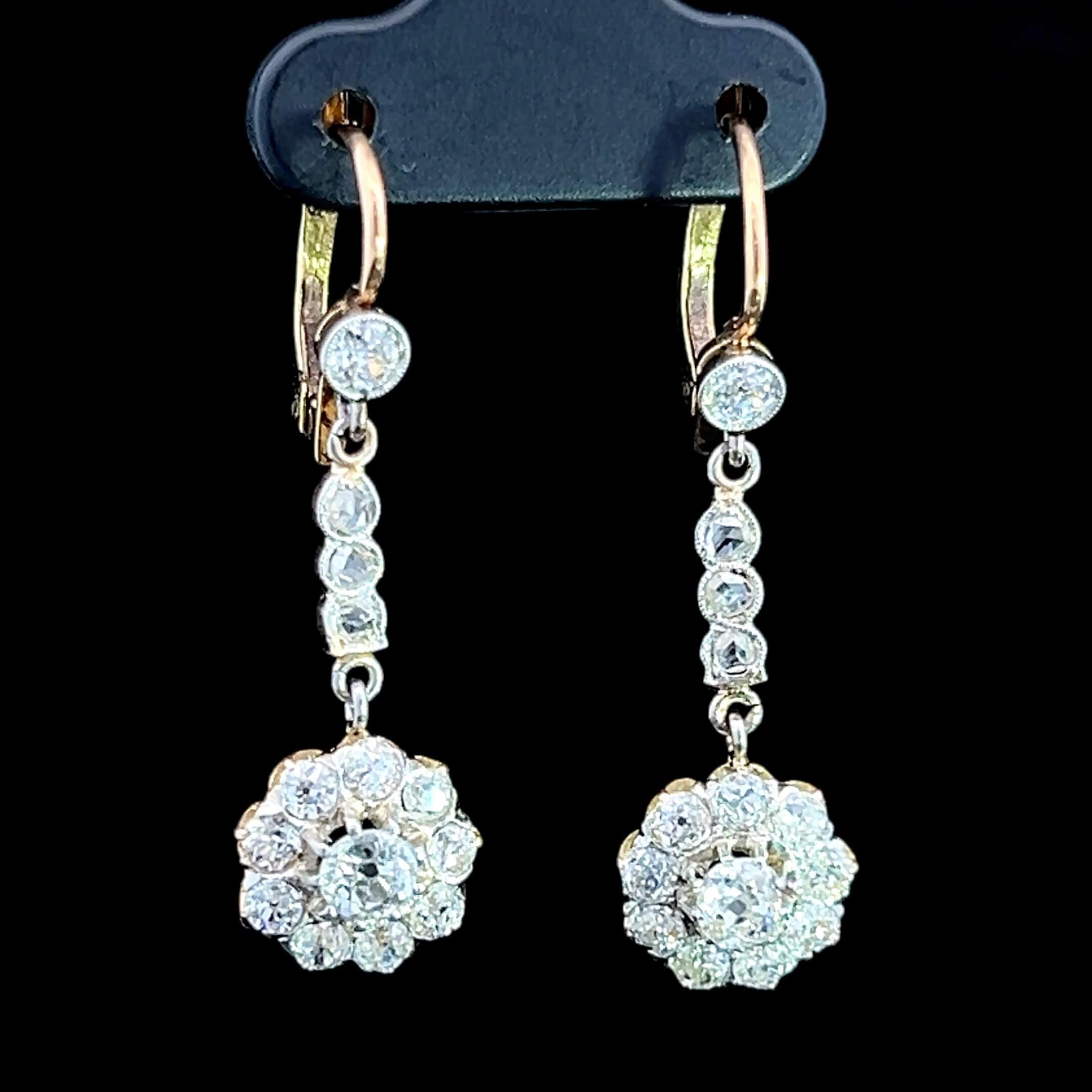 Pendientes Edwardian Diamond Drop Circa 1910 Corte mixto en venta