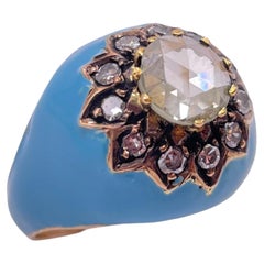 Sparkling Rose Cut Diamond Ring with Blue Enamel