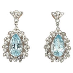 Natural Aquamarine Earrings with White Zircon in Sterling Silver 8.50 Cts