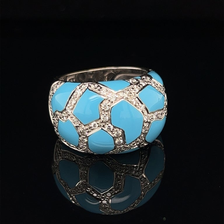 Bague Argent Massif Avec Dôme Et Losanges De Pierres Turquoises - Taille 53 - Occasion