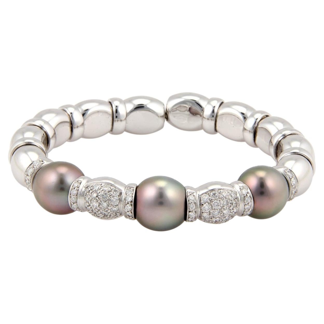 Diamond South Sea Grey Pearls 18k White Gold Fancy Cuff Bracelet