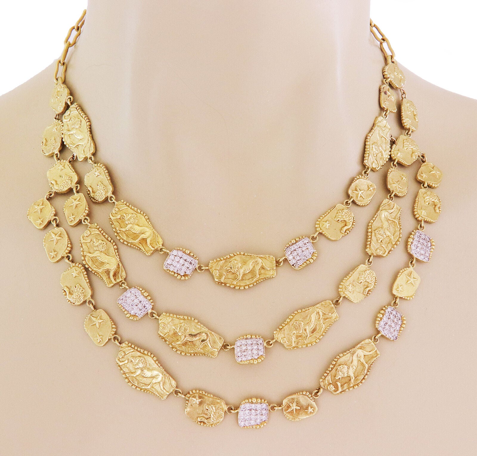 Seidengang Athena Diamond 18k Gold Triple Strand Lions Stars Necklace For Sale