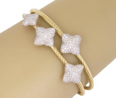 David Yurman Diamond 18k Gold Quatrefoil Motif Double Cable Band Cuff Bracelet