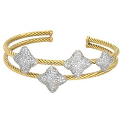 David Yurman Diamond 18k Gold Quatrefoil Motif Double Cable Band Cuff Bracelet