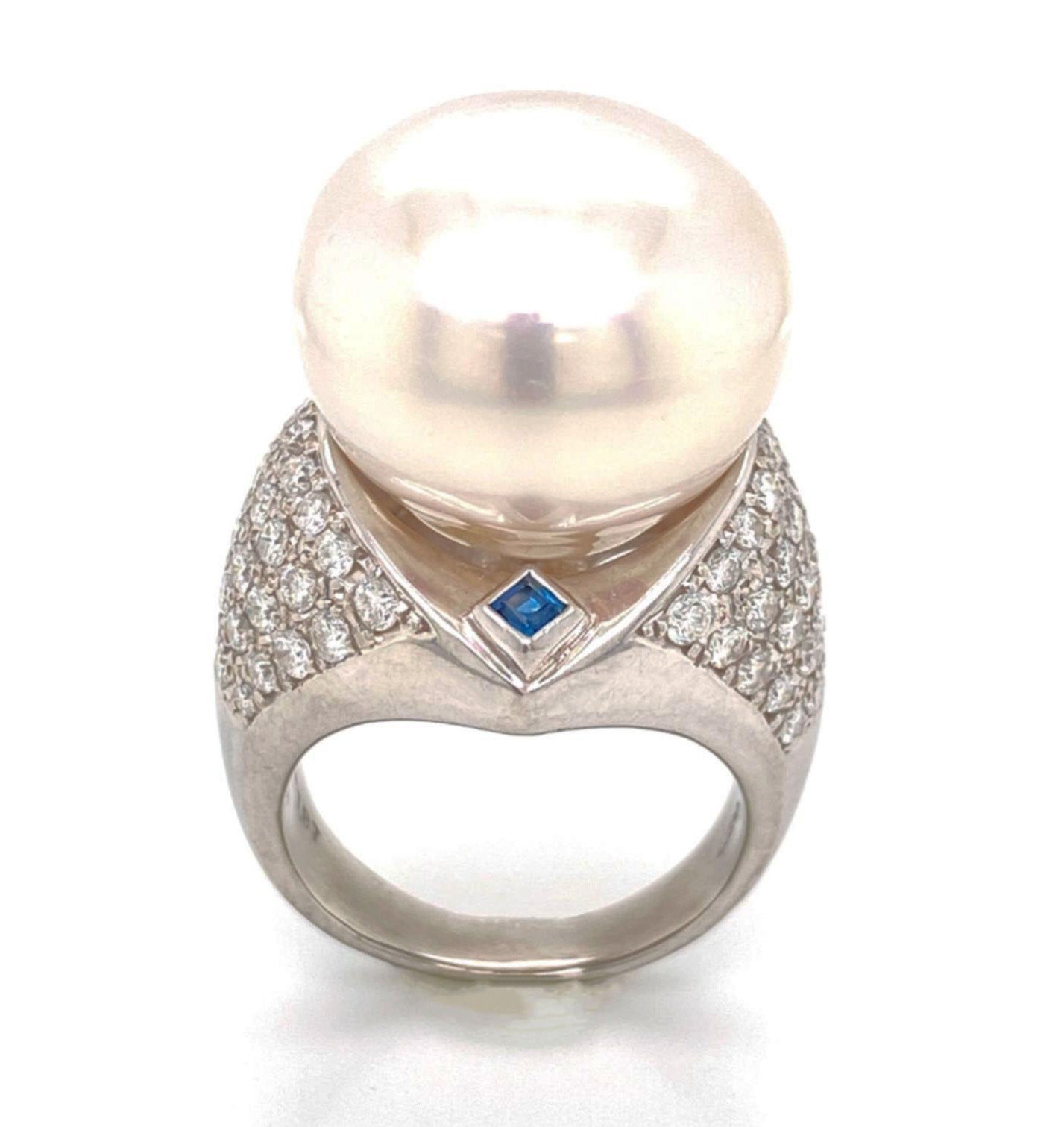 Platinum Large 18mm Pearl Diamond Sapphire Cocktail Ring For Sale