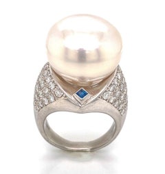 Platin Großer 18 mm Perlen-Diamant-Saphir-Cocktailring