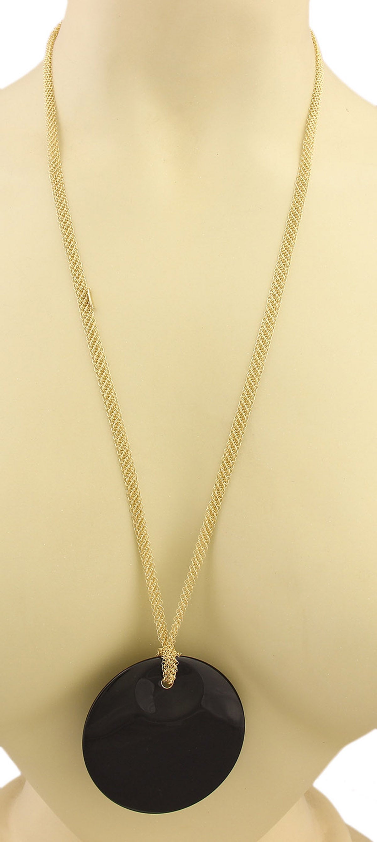Tiffany & Co. Peretti Round Black Jade Pendant 18k Gold Mesh Necklace For Sale