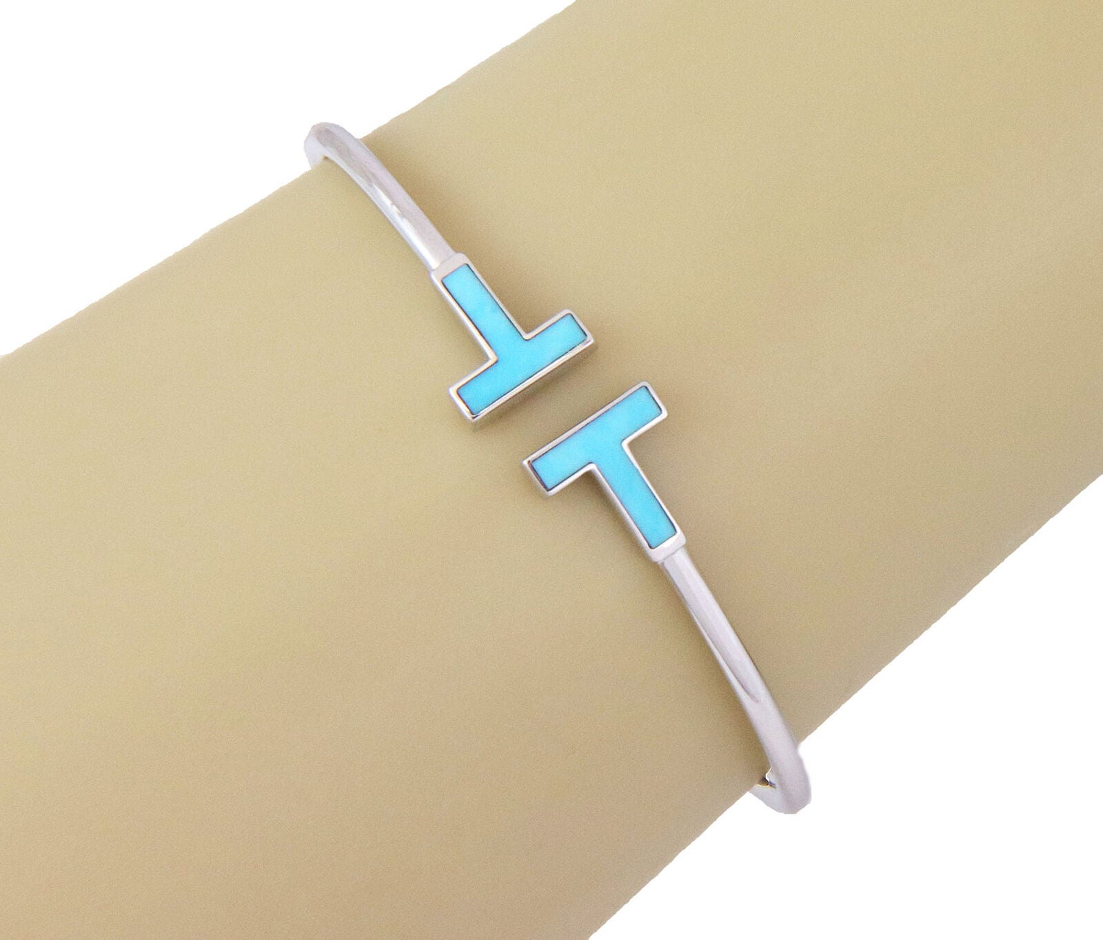 Tiffany T Wire Turquoise 18k White Gold Flex Cuff Bracelet For Sale