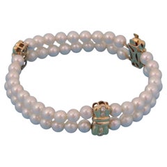Mikimoto Diamond Pearls 18k Yellow Gold Bow Motif 2 Strand Bracelet