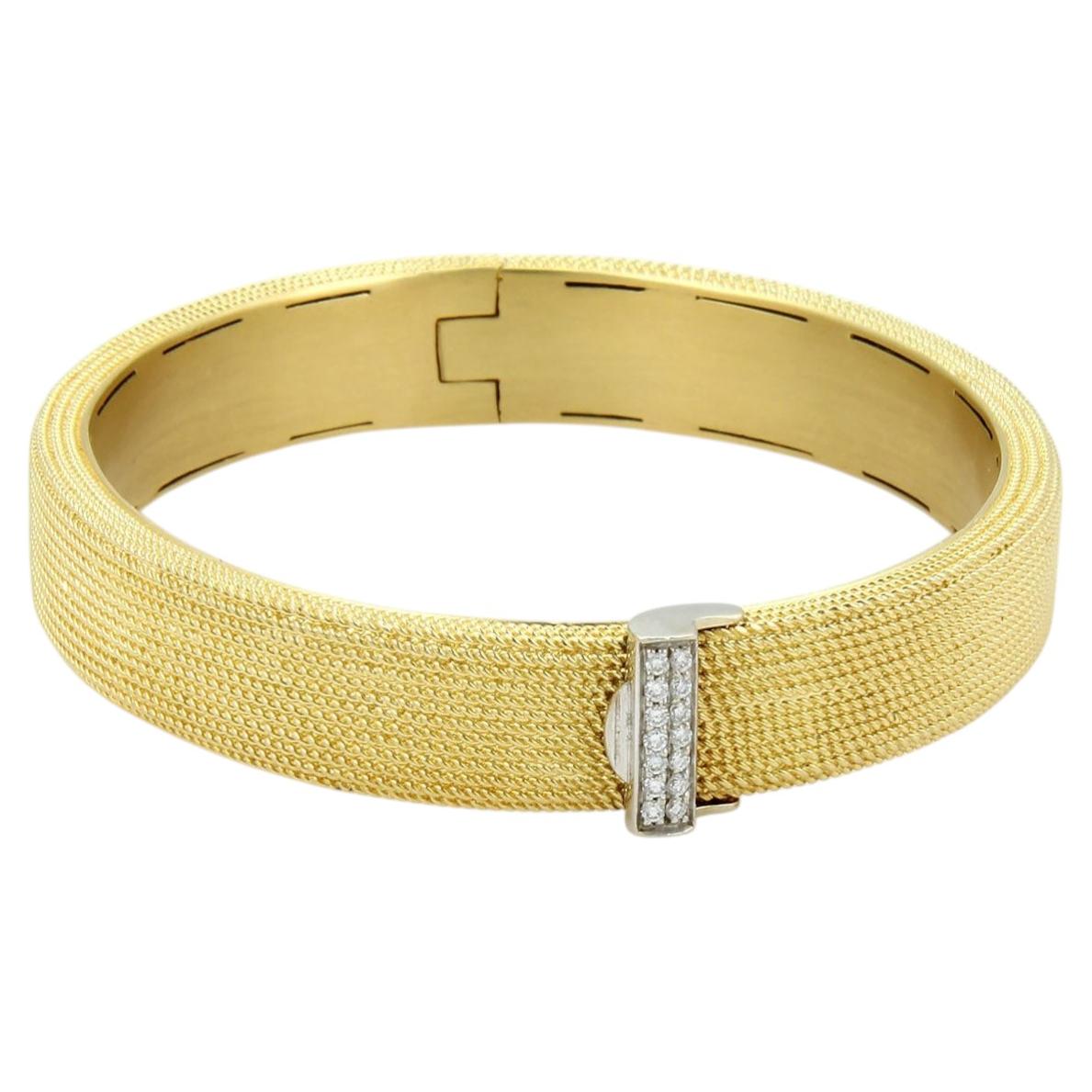 Roberto Coin 18k Two Tone Gold Diamond Wide Textured Bangle Bracelet For Sale
