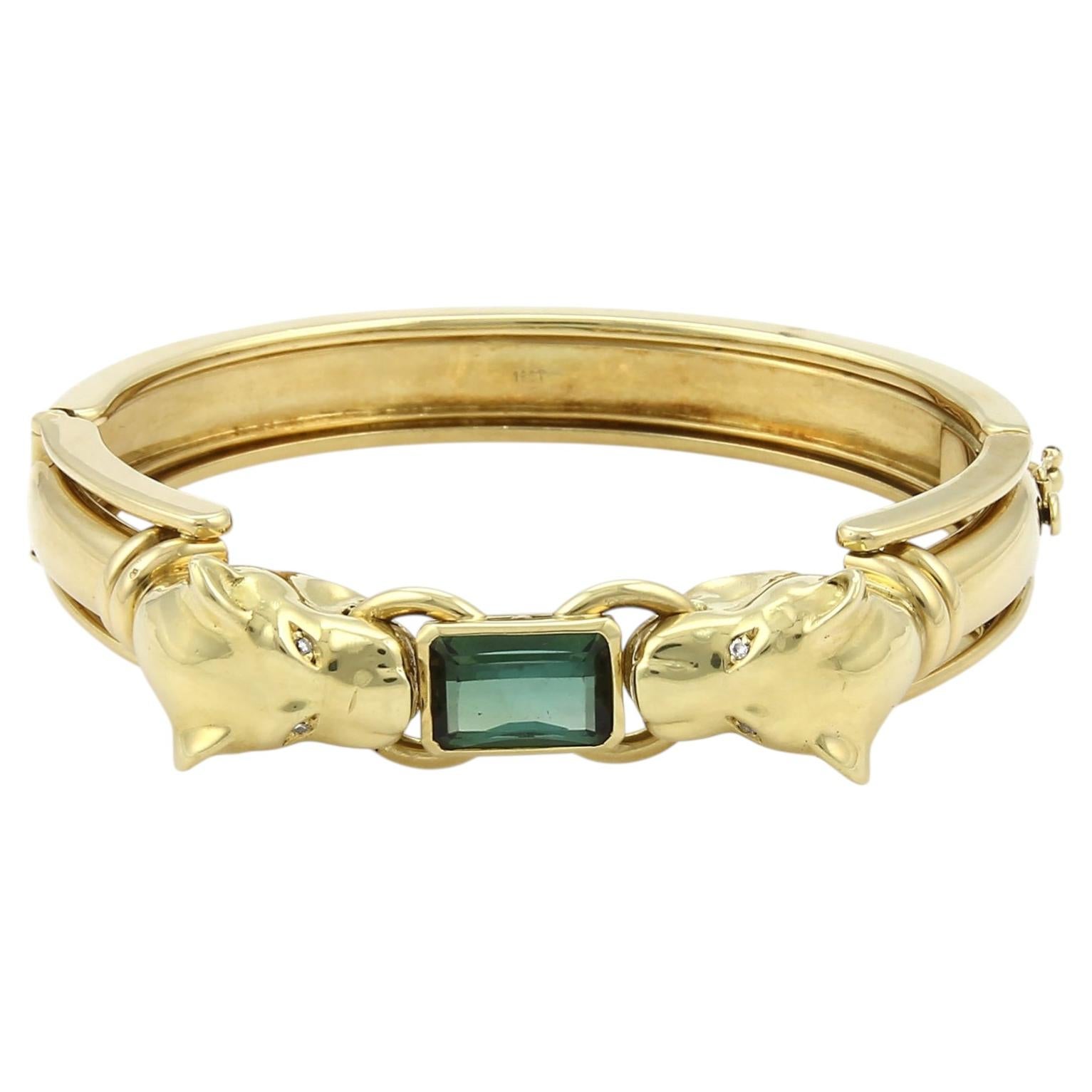 Panther Head 18k Zwei-Ton-Gold Grüner Turmalin & Diamant-Armreif