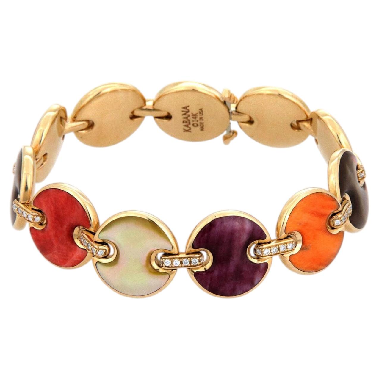Pulsera de eslabones de oro amarillo de 14 quilates con diamantes Kabana Spiny Oyster Mother Of Pearl