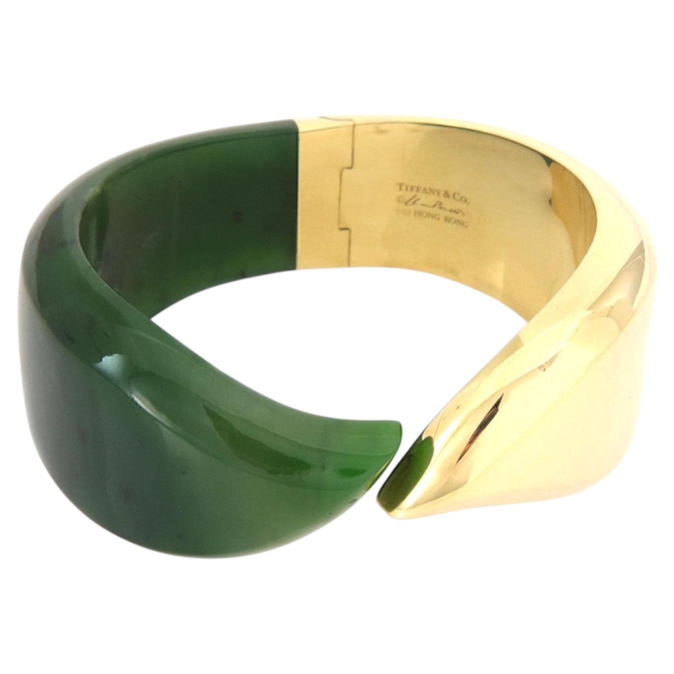 Tiffany & Co. Peretti Green Nephrite Jade 18k Yellow Gold Feather Cuff Bracelet