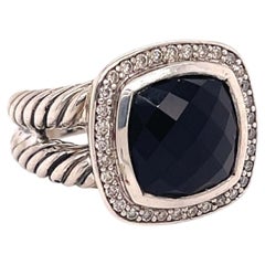David Yurman Albion Diamant-Onyx-Ring aus Sterlingsilber mit Halo-Design und Kabelprofil, Größe 5,5