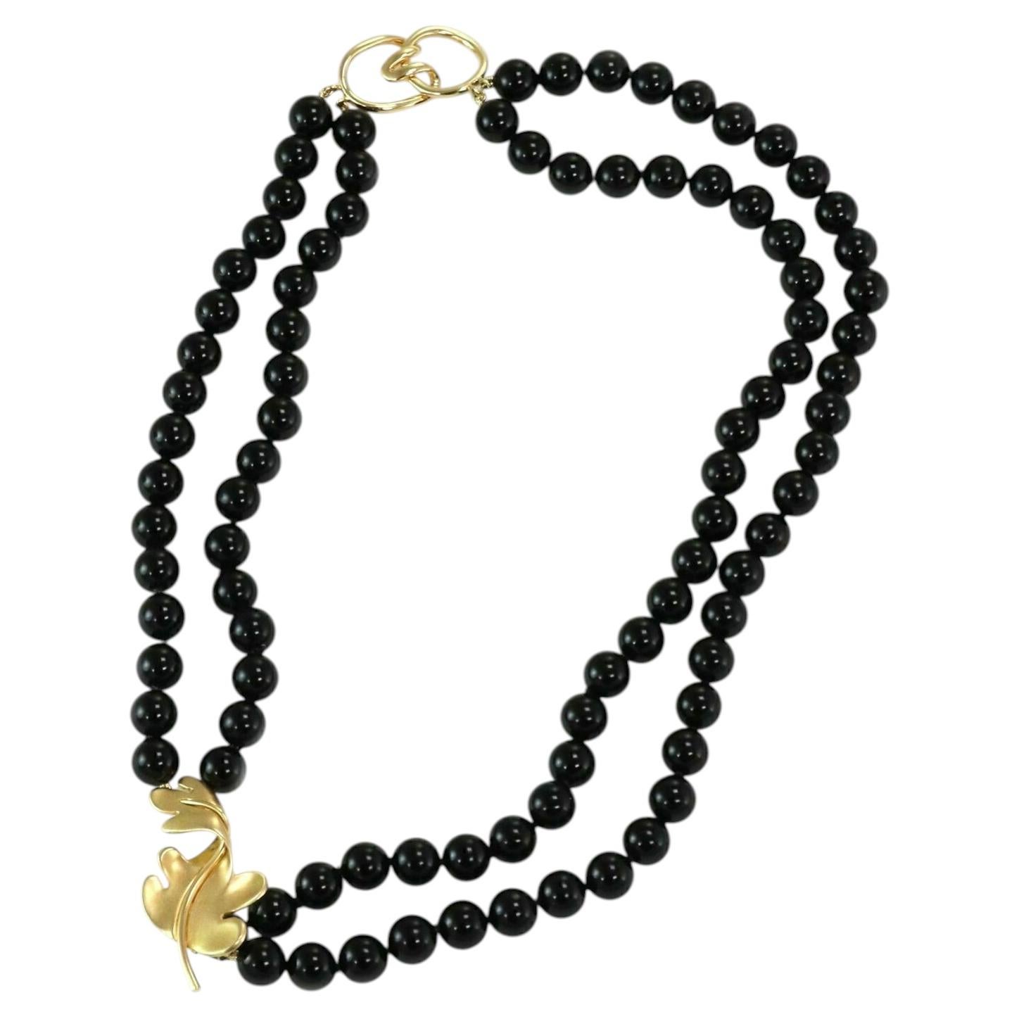 Tiffany & Co. Onyx Bead Oak Leaf Enhancer 18k Yellow Gold Necklace For Sale