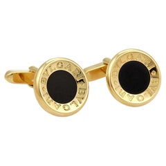 Bvlgari Signature Black Onyx 18k Yellow Gold Concave Circle Cufflinks