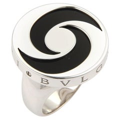 Bvlgari Onyx Spinning Optical 18k White Gold Steel Ring with Box Size 6.5