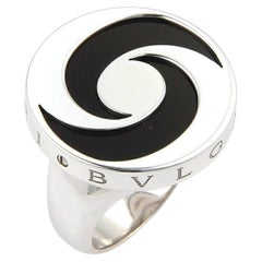Bvlgari Onyx Spinning Optical 18k White Gold Steel Ring with Box Size 5.5