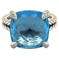 David Yurman Chatelaine 14mm Blue Topaz Diamond Sterling Silver Ring Size 7