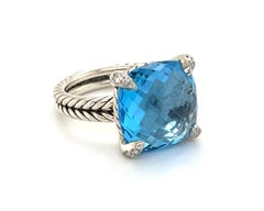 David Yurman Chatelaine 14mm Blue Topaz Diamond Sterling Silver Ring Size 7