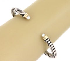 Bracelet manchette David Yurman en argent sterling et or 14 carats, avec perles, à maillons torsadés de 5 mm, 6,5 pouces