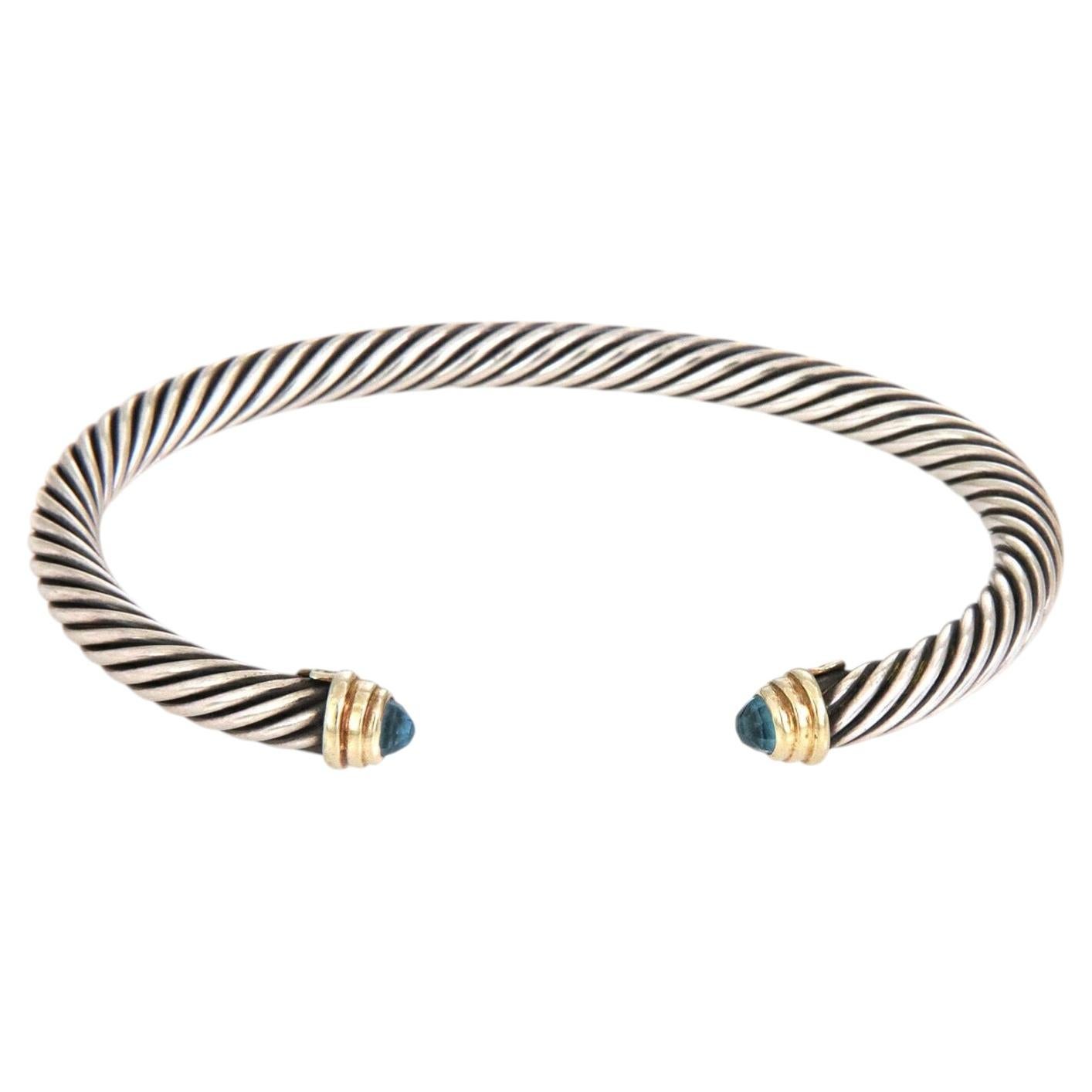 Bracelet David Yurman « Cable Classic » en argent sterling et or 14 carats, avec topaze bleue, 6,25 pouces
