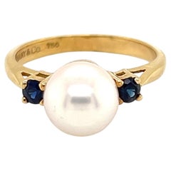 Tiffany & Co. Pearl Sapphire 18k Yellow Gold Ring Size 5