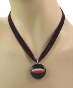 Bvlgari Enigma Diamond Coral Jet 18k White Gold Lips Pendant Velvet Necklace 16"