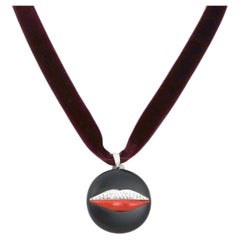 Bvlgari Enigma Diamond Coral Jet 18k White Gold Lips Pendant Velvet Necklace 16"
