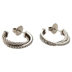 David Yurman Diamond Ice Crossover Sterling Silver Hoop Earrings