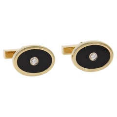 Tiffany & Co. Diamond Onyx Oval 18k Yellow Gold Stud Cufflinks