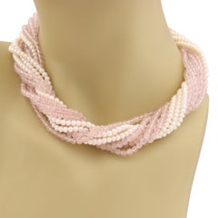 Tiffany & Co. Sterling Silver 11 Strand Pearl & Rose Quartz Necklace 16.5"