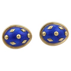 Tiffany & Co. Schlumberger Blue Enamel 18k Yellow Gold Earrings