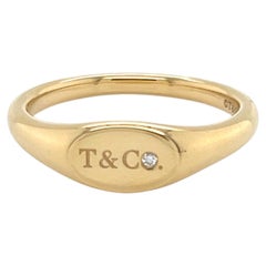 Tiffany & Co. Micro Signet Diamond 18k Yellow Gold Ring Size 7
