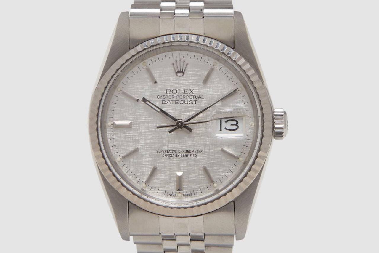 Rolex Stainless Steel Oyster Perpetual Datejust Linen Dial Automatic Wristwatch In Excellent Condition In New York, NY