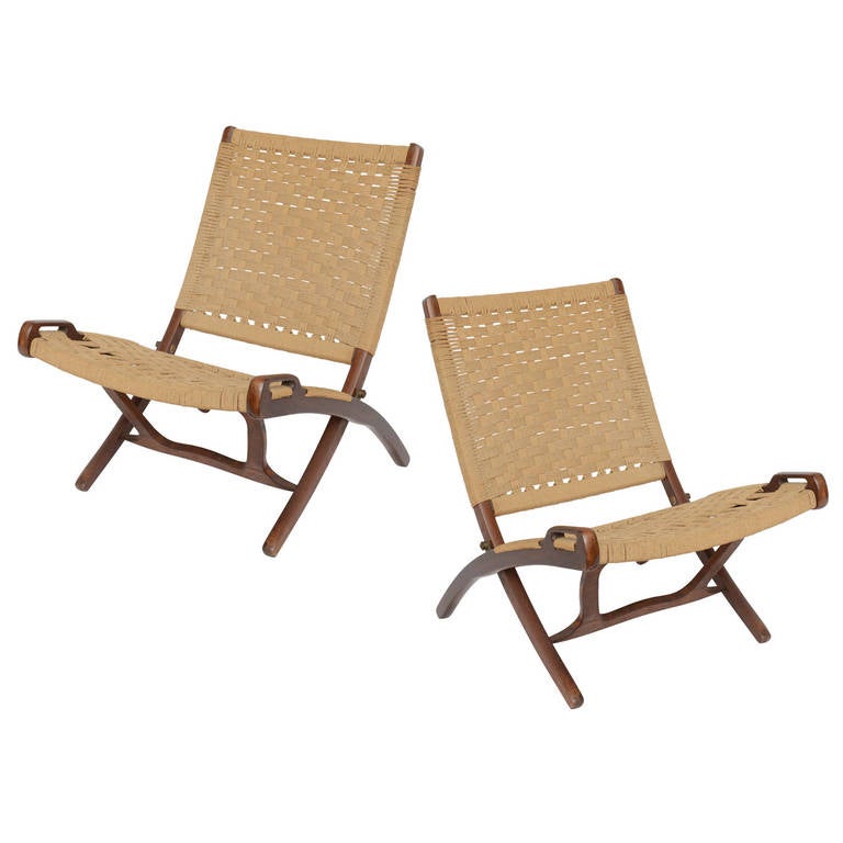 Paire de chaises pliantes en corde tissée Wegner 1950s