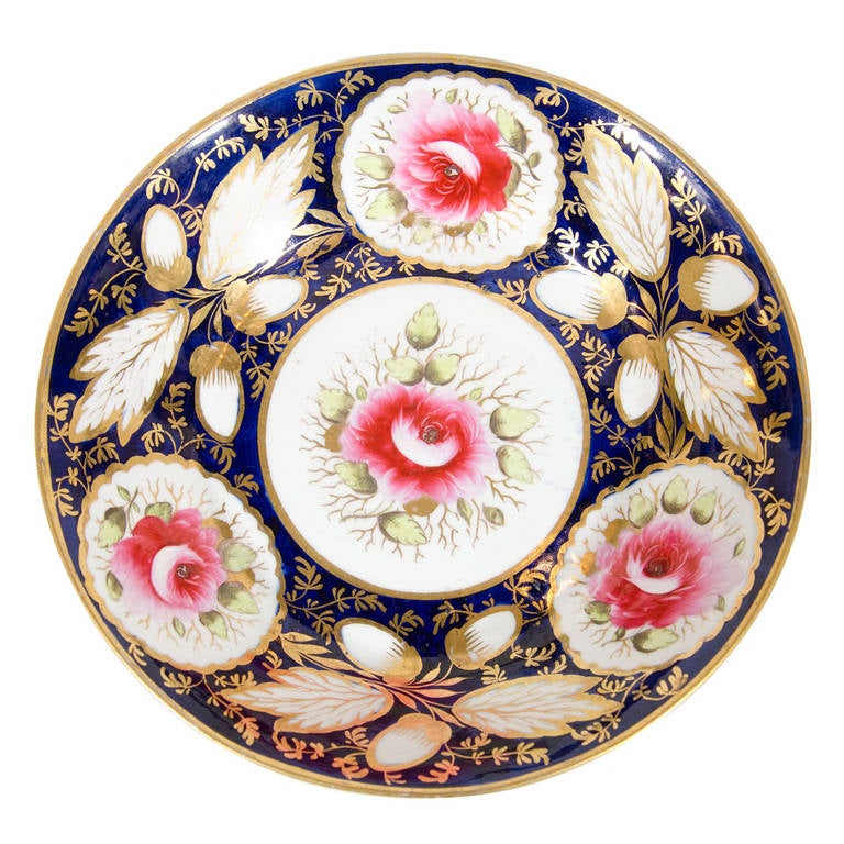  Pair Cobalt Blue Dishes Painted with Pink Roses (Image Shows One)