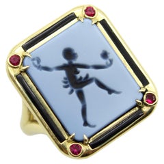 18K Gold Josephine Baker Banded Agate Signet Ring with Enamel and Rubies