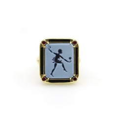 18K Gold Josephine Baker Banded Agate Signet Ring with Enamel and Rubies
