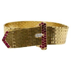 Retro 14K Gold Ruby and Diamond Buckle Bracelet with Brick Link