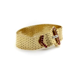 Retro-Armband aus 14-karätigem Gold mit Rubin- und Diamantschnalle und Ziegelgliedern