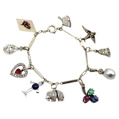 Art Deco 14K Gold and Platinum Diamond and Gem Set Charm Bracelet
