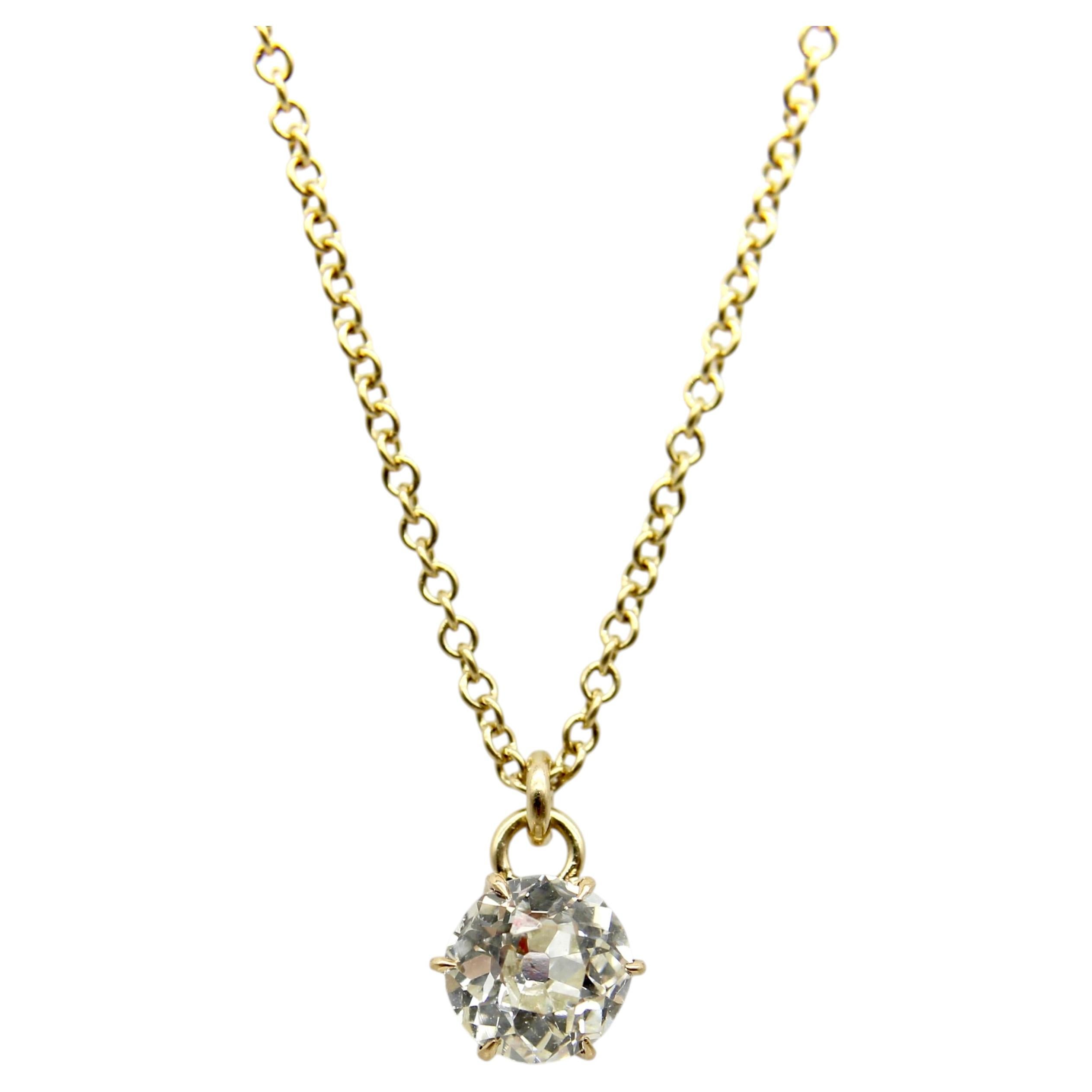 0.60 Carat Antique Old European Cut Diamond and 14K Gold Necklace