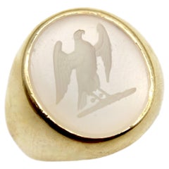 Vintage White Chalcedony Eagle Intaglio 14K Gold Signet Ring