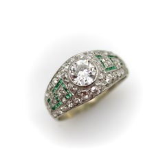 Art Deco Platinum Diamond Emerald and Pave Diamond Ring